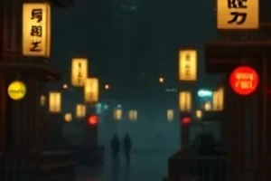 雾港夜色下的码头长镜头，远处灯塔与货轮的暖色灯光在雨雾中连成一线