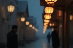 长夜将尽重制版画面，黎明前的天台栏杆与城市轮廓，天光呈淡青转暖